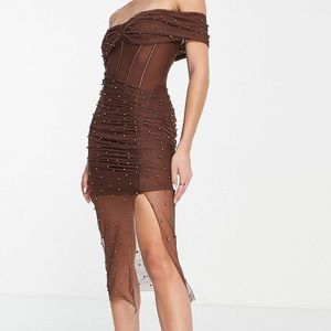ASOS DESIGN pearl mesh off the shoulder corset midi dress in chocolate